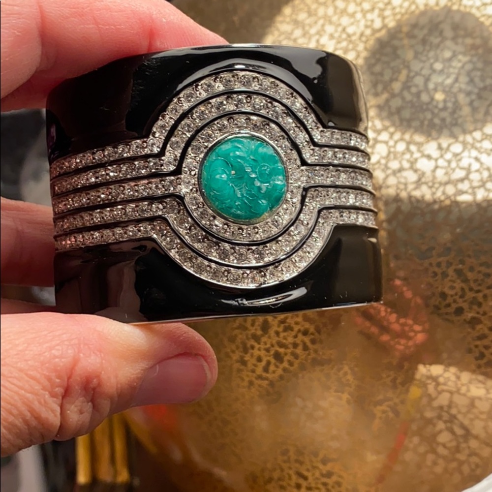 Kenneth Jay Lane Black Cuff Bracelet with Turquoise Cabochon and Crystal Accents